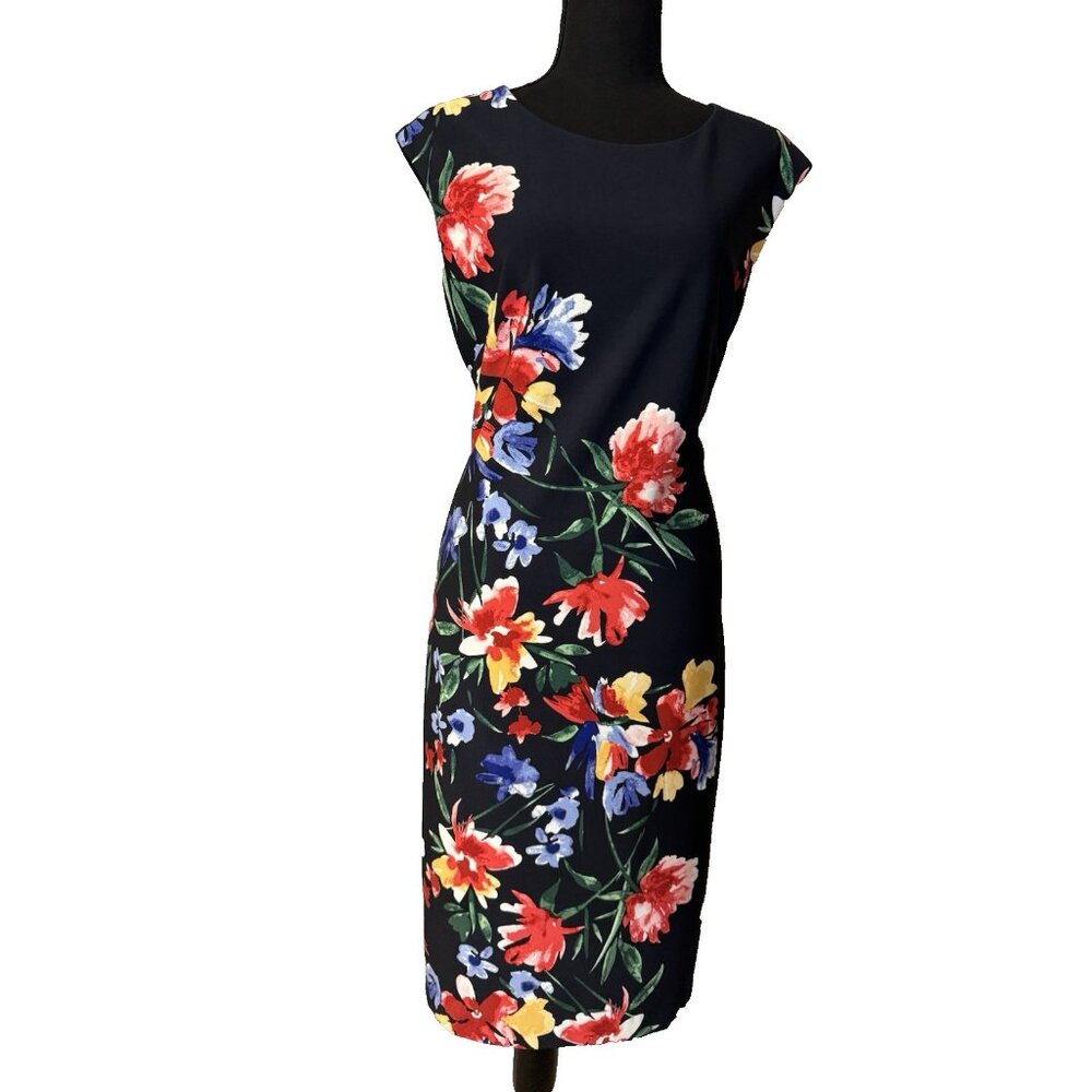Vince Camuto Dress 14 Navy Blue Florals Stretch Sheath Washable NEW $148 - Picture 3 of 12